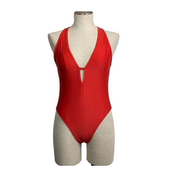 Low Cut High Leg Open Back One Piece Swimsuit - Siren Red Size Medium - Picture 2 of 9